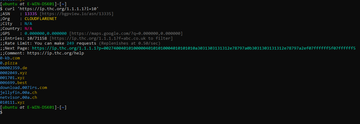 CLI example of an rDNS lookup for 1.1.1.1 with contextual metadata and rate limit information.