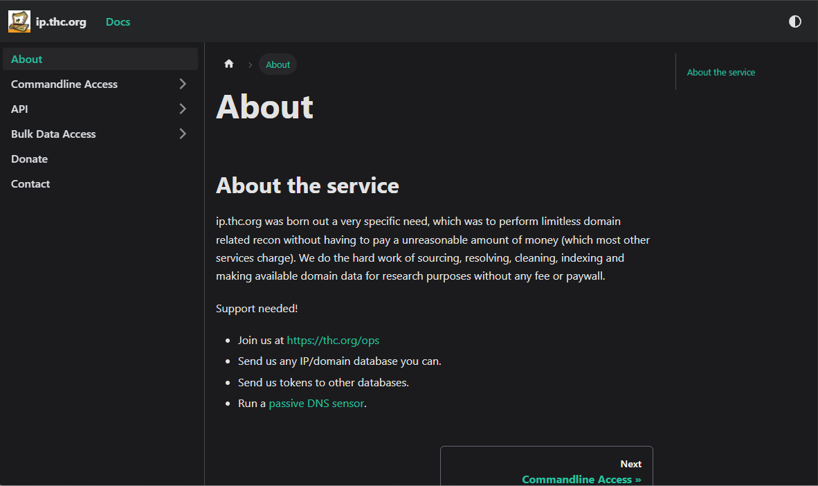 Closing screenshot reinforcing IP.THC.ORG as a name intelligence tool for OSINT and attack surface work.